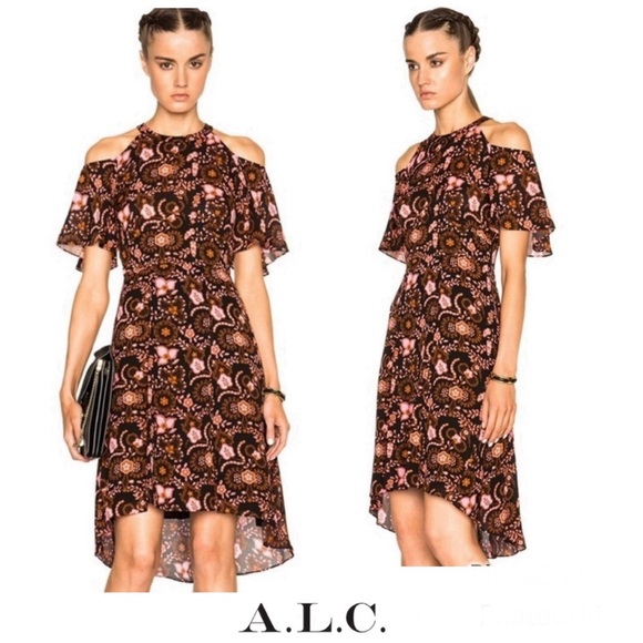 A.L.C. Emile Black / Hanna Pink Floral 100% Silk Hi Low Cold Shoulder Dress Sz 8 - Picture 1 of 16
